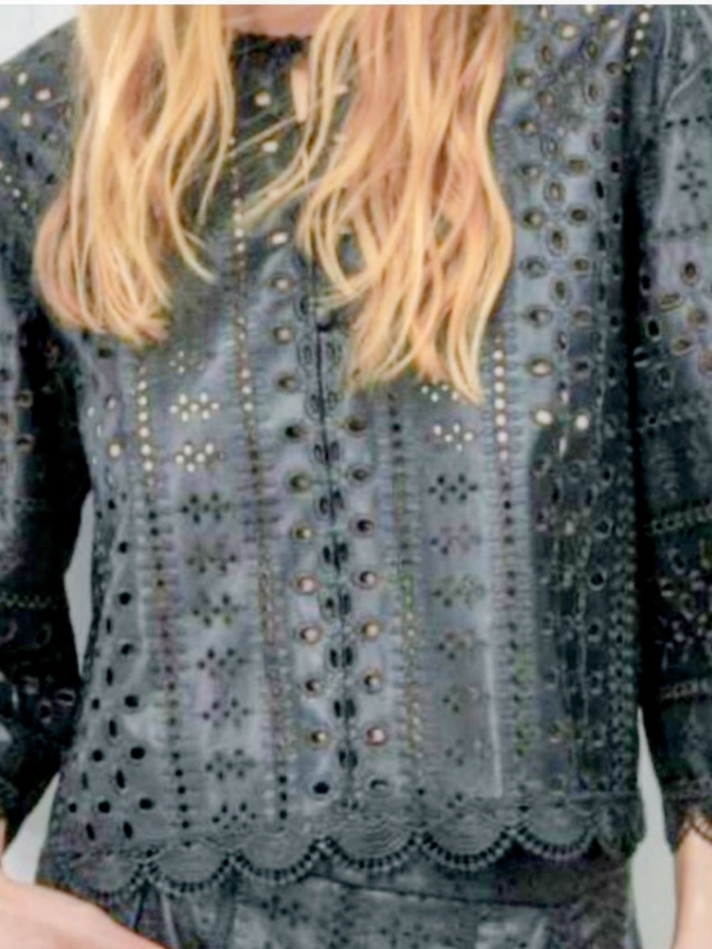 Zara Black Eyelet Faux Leather Top with Scalloped Hem